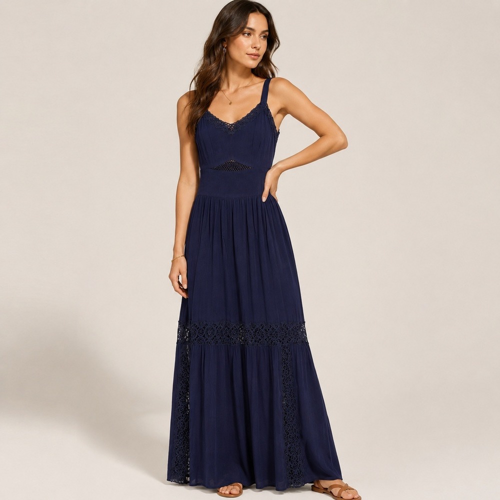 Love Fire Navy Lace Trim Boho Maxi Dress Smocked Back Small